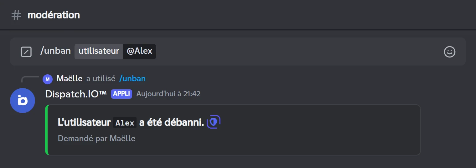 Réponse de /unban : Alex a été débanni