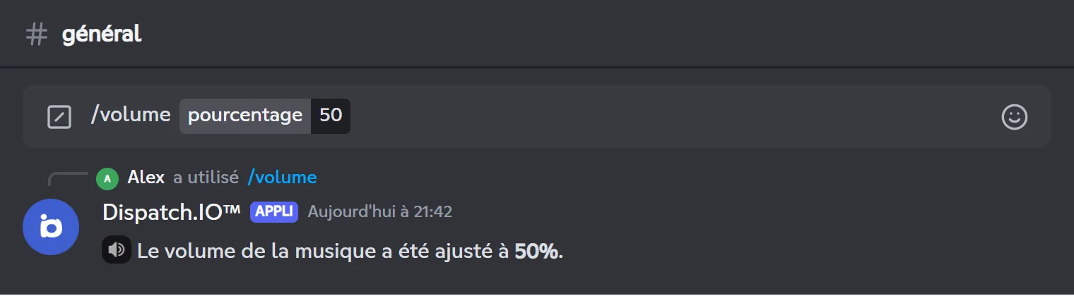 Réponse de /volume : le volume de la musique est réglé à 50 %