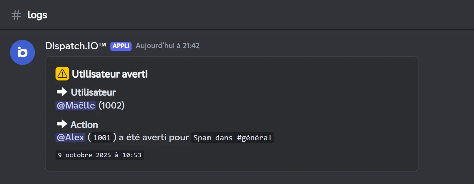 Log d'un avertissement dans le salon de logs de sanctions