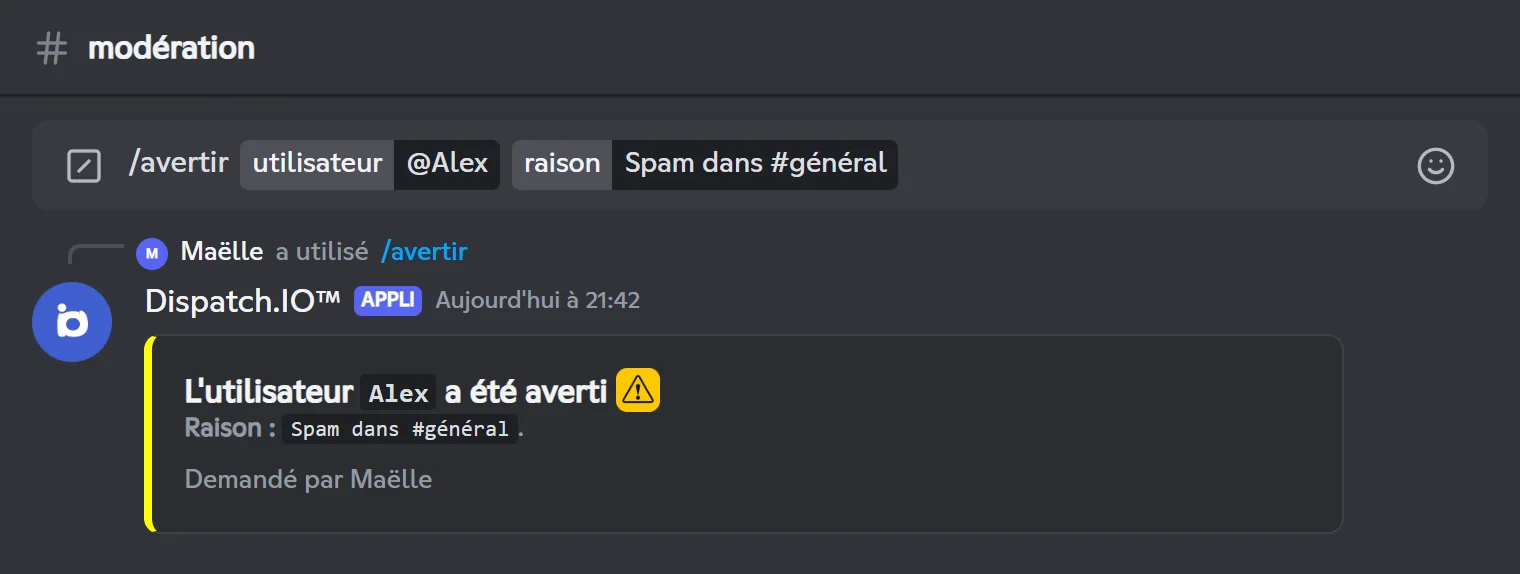Réponse de /warn : l'utilisateur Alex a été averti pour spam