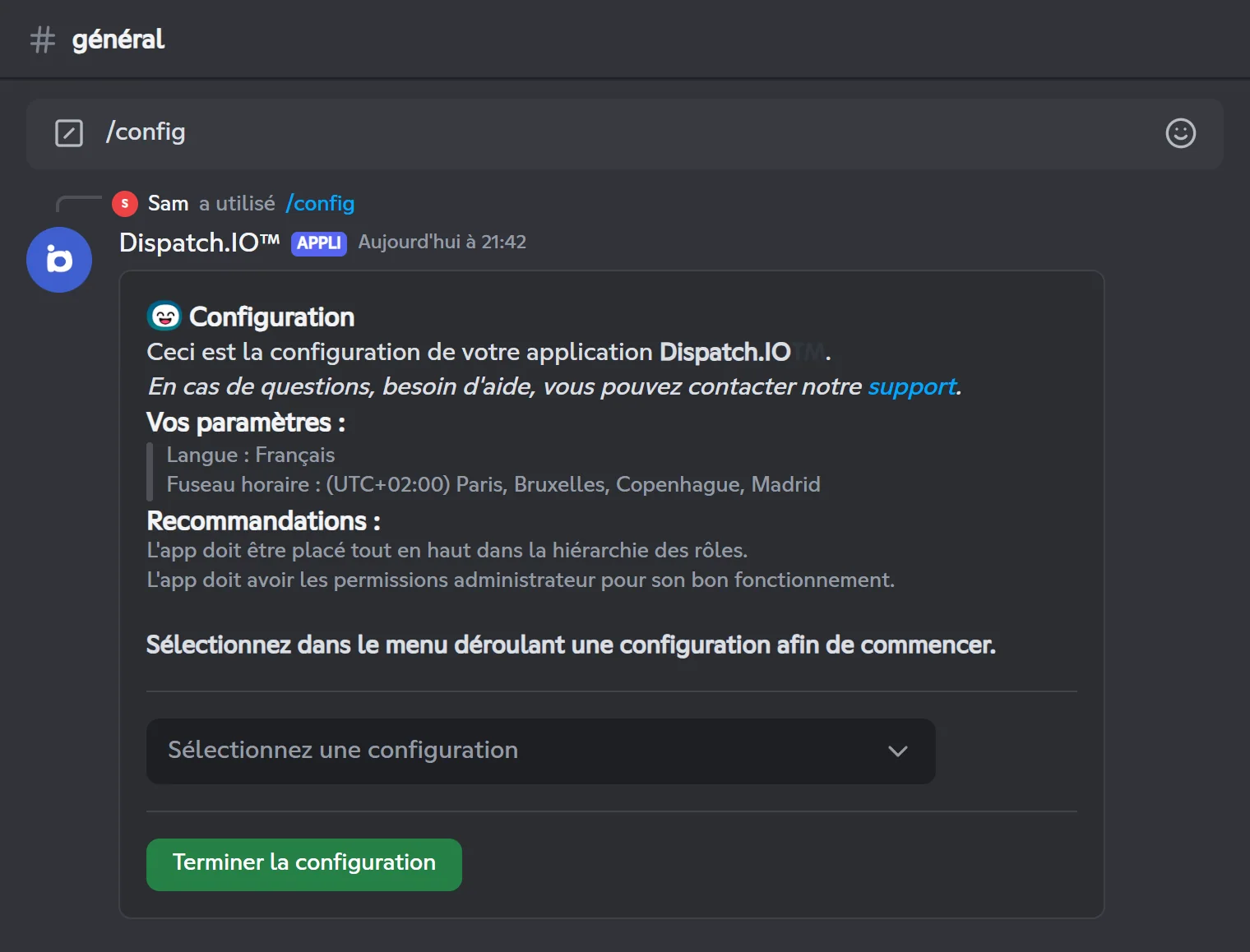 Panneau principal de /config