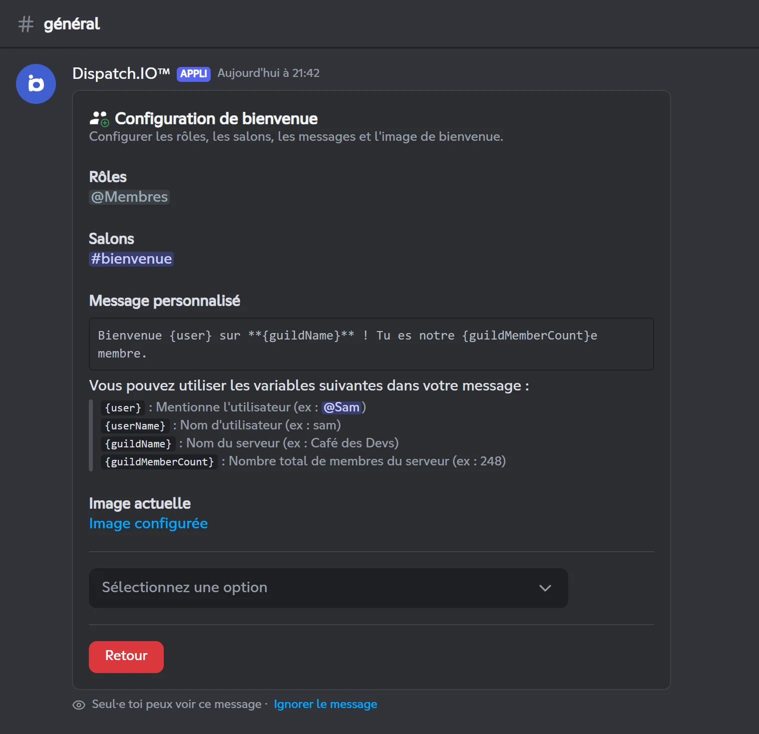 L'écran Bienvenue : rôles donnés aux nouveaux membres, salon, message personnalisé avec ses variables, et image. Écran Bienvenue de /config
