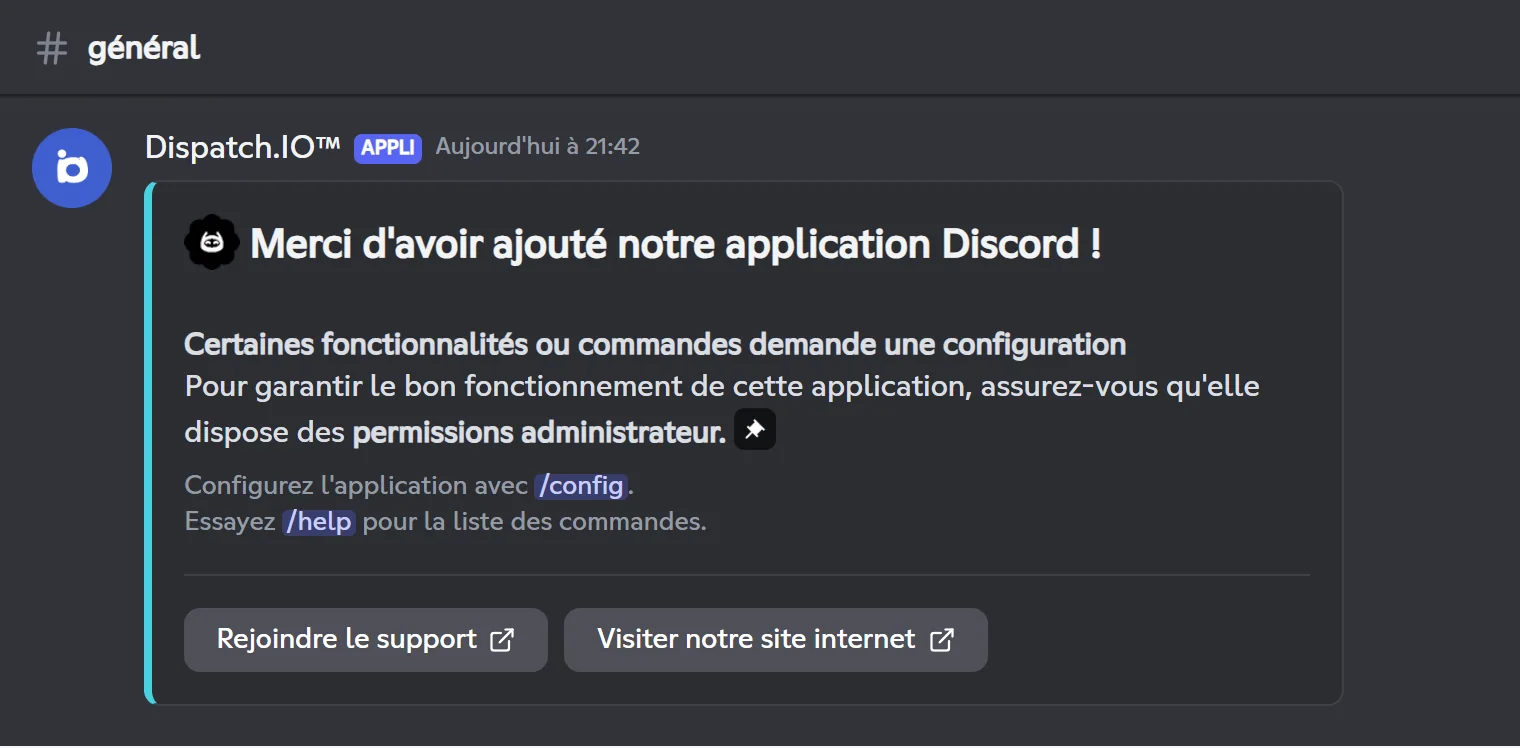 Il rappelle les commandes /config et /help. Message de démarrage publié après le choix de la langue