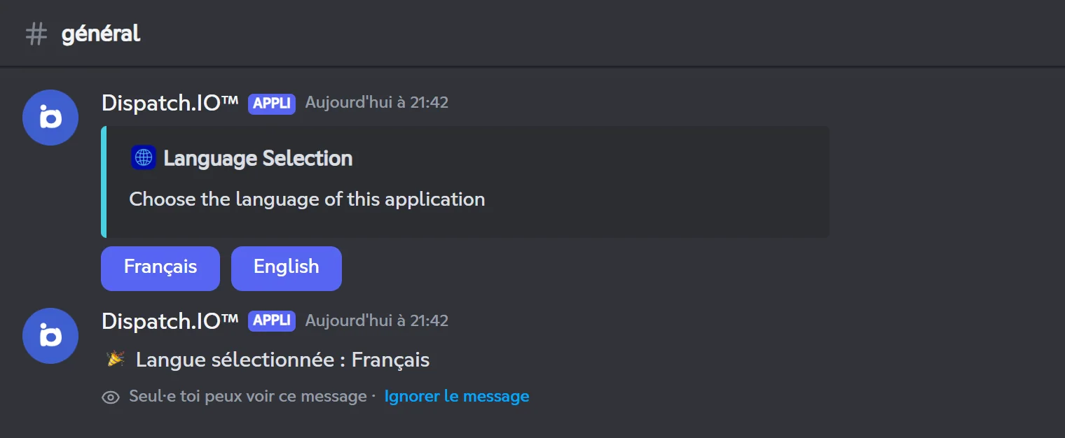 Ce message est toujours en anglais ; la confirmation est dans la langue choisie. Message de choix de la langue publié à l'arrivée du bot