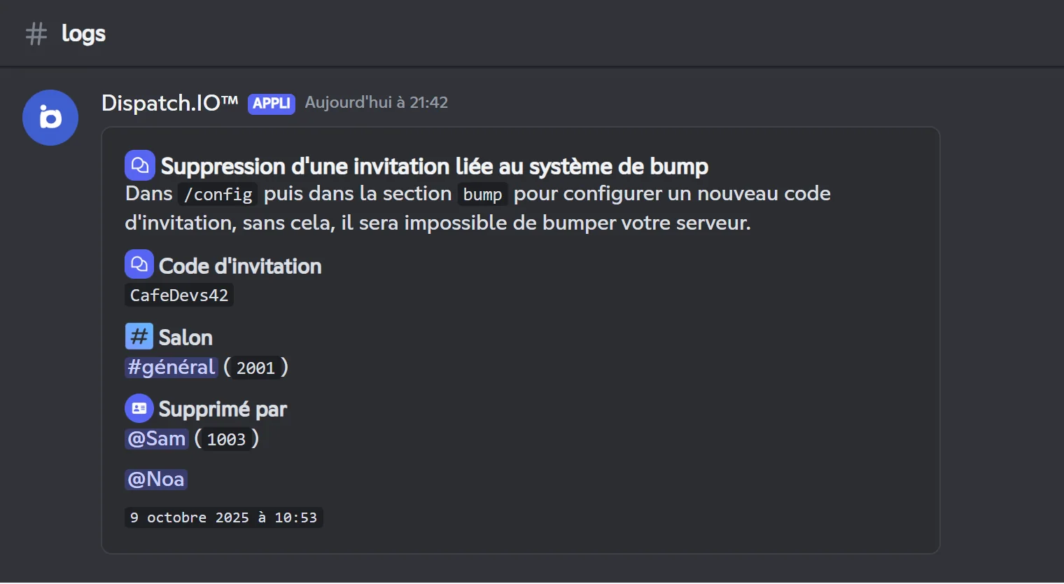 Alerte de suppression de l'invitation du bump