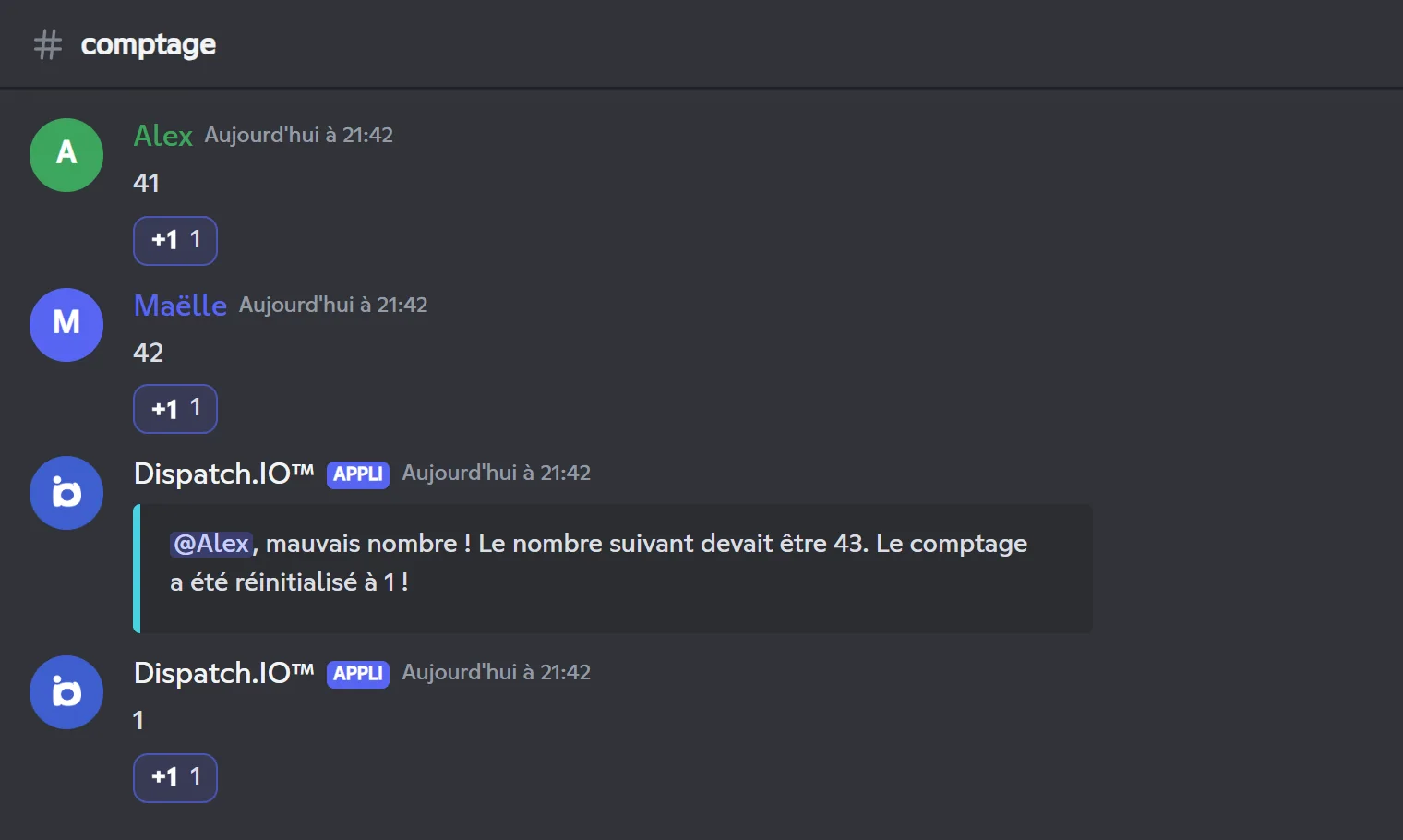 Salon de comptage : deux nombres validés, puis un mauvais nombre et la remise à 1