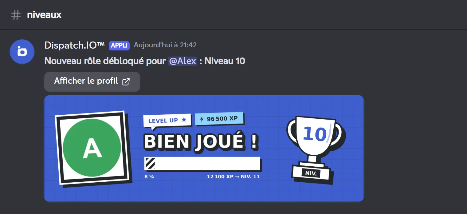 Annonce du rôle de récompense Niveau 10 débloqué par Alex