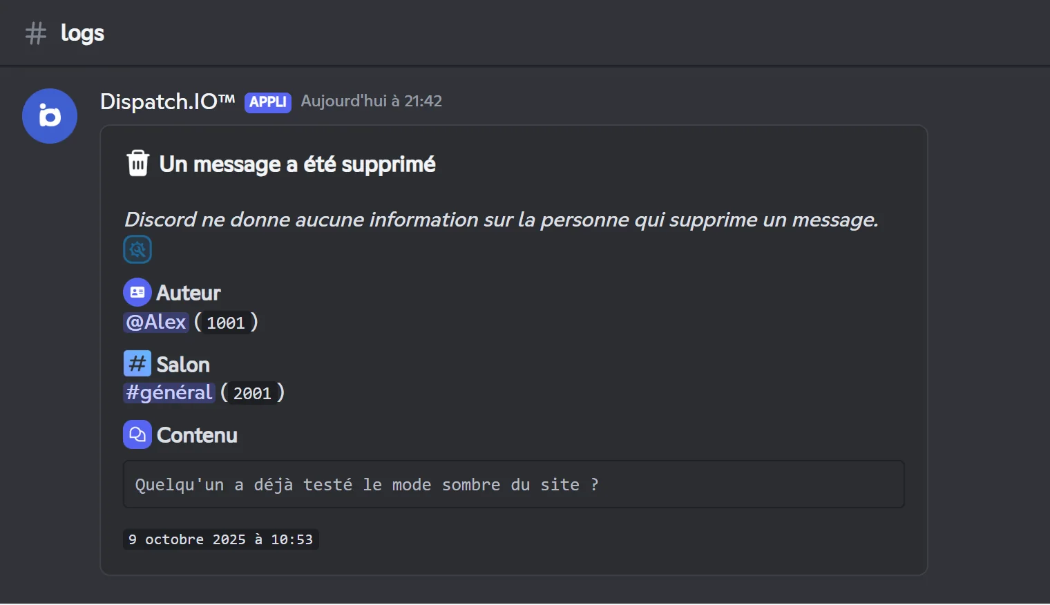 Journal d'un message supprimé