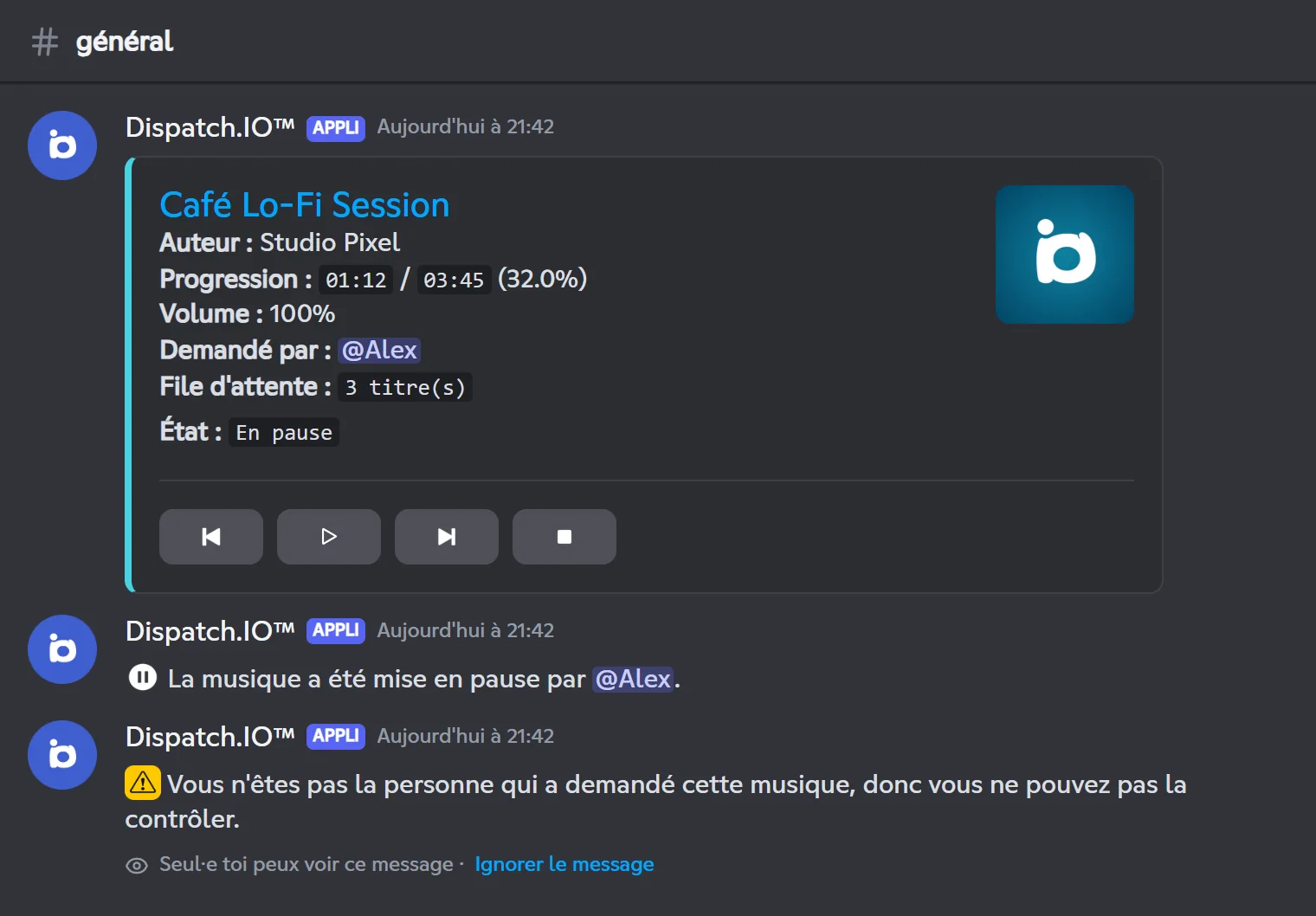 Message du lecteur en pause, la confirmation publique et le refus envoyé à un autre membre
