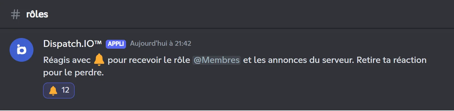 Message avec une réaction qui donne un rôle