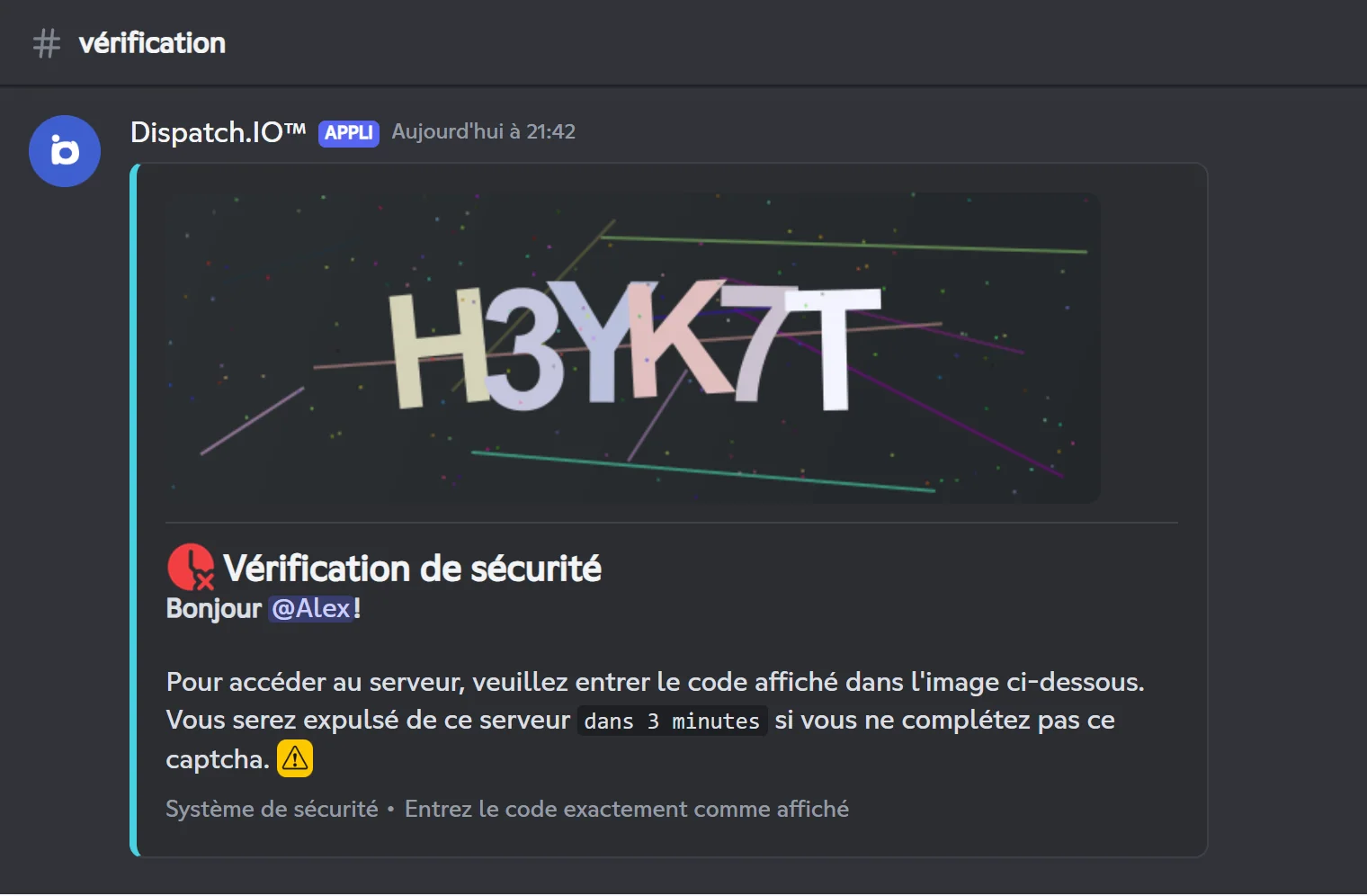 Message du captcha : image du code à recopier, mention du membre et délai de 3 minutes