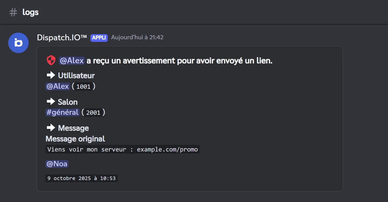 Journal d'un avertissement pour un lien dans le salon logs raid