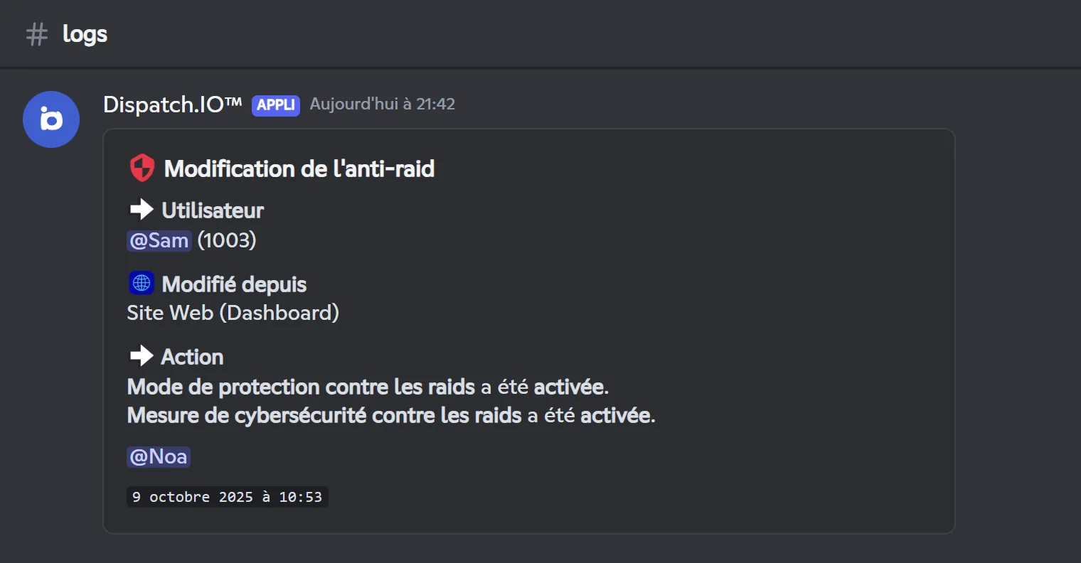 Journal de l'activation du mode raid depuis le site