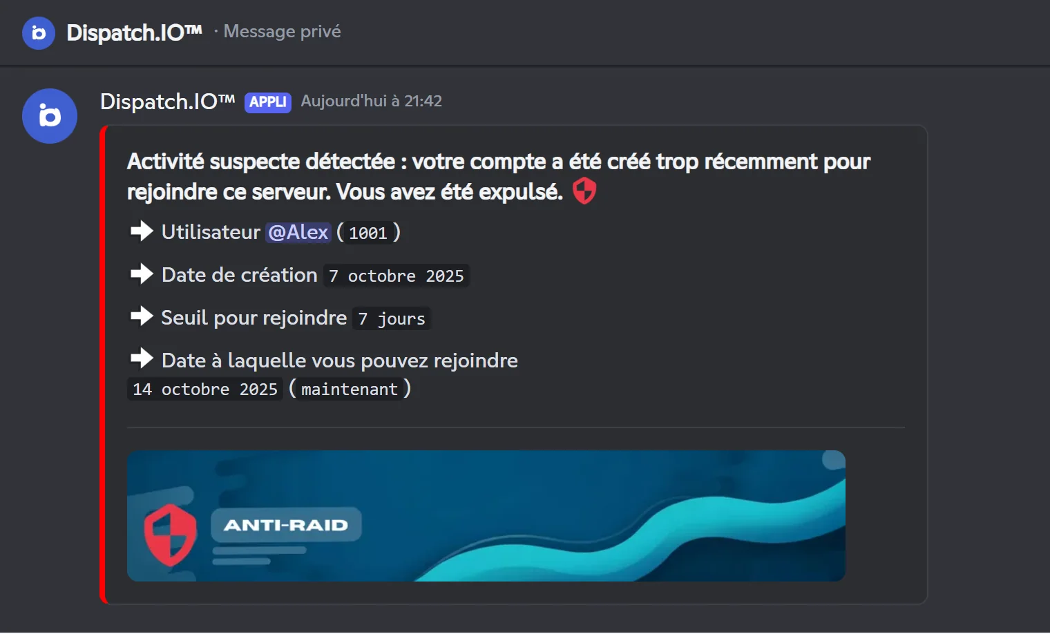 Message privé reçu par un compte trop récent