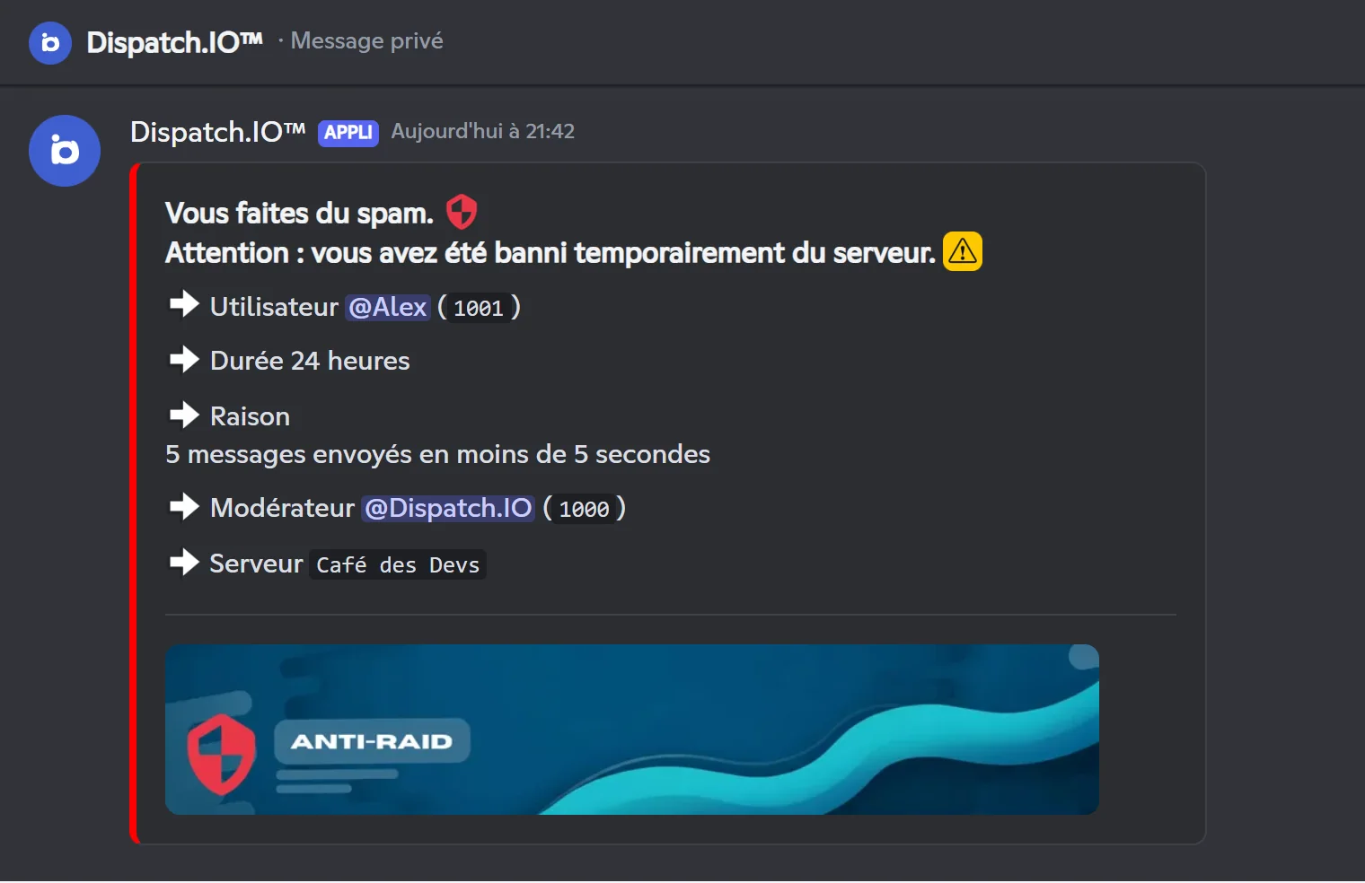 Message privé reçu après un timeout pour spam