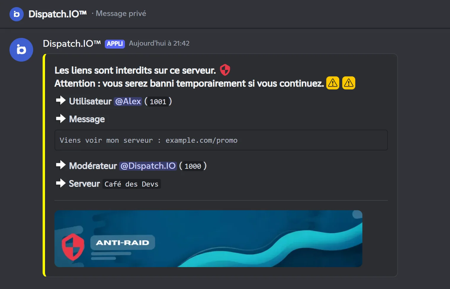 Message privé reçu après un lien interdit