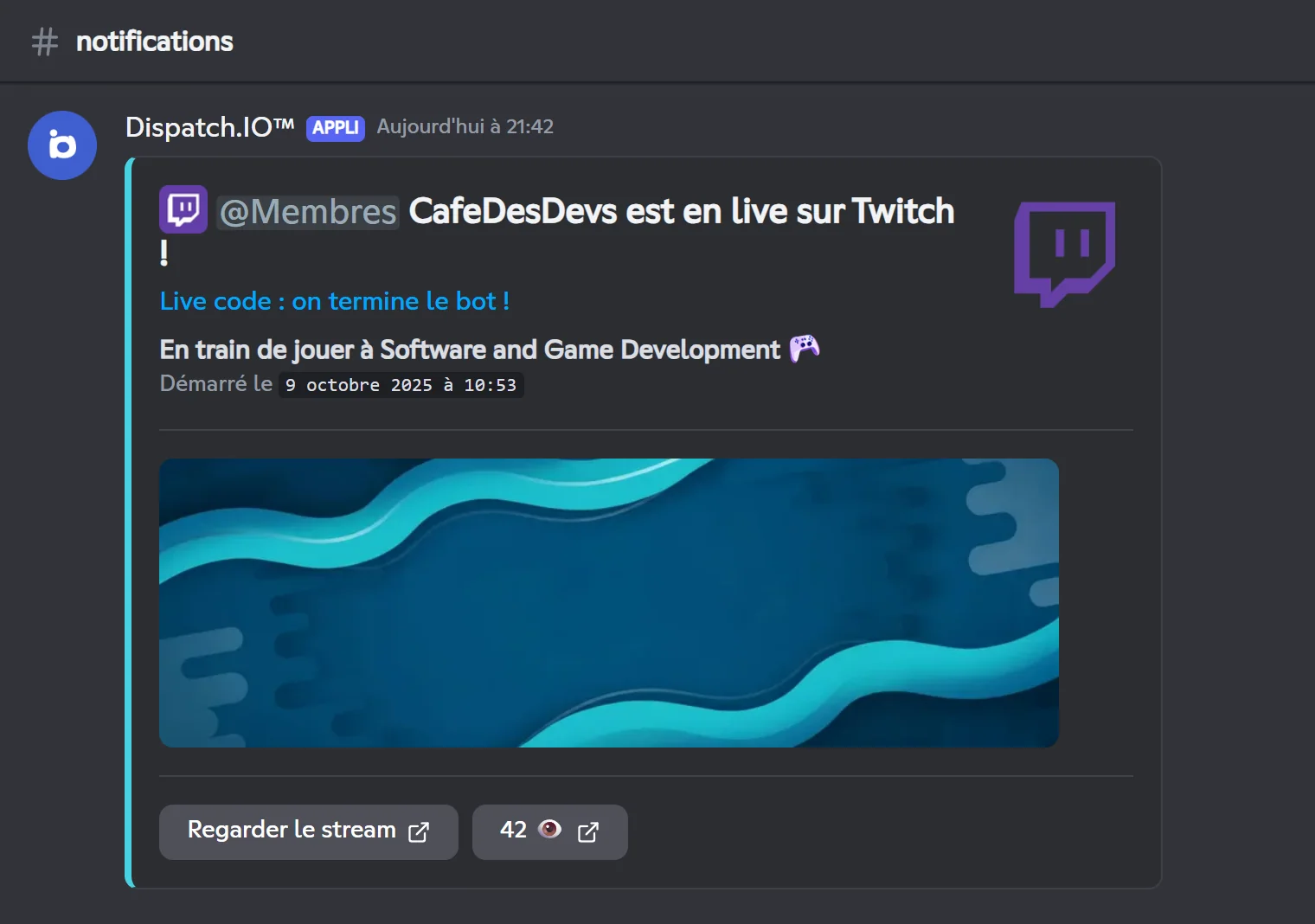 Annonce d'un live Twitch en cours