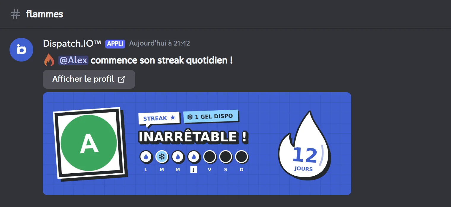Annonce de départ : « Alex commence son streak quotidien ! » avec la carte de flamme
