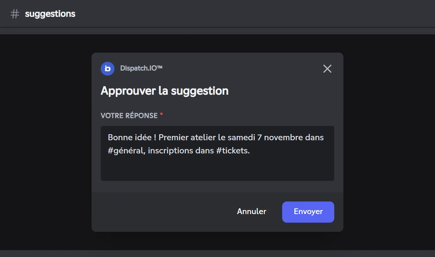 Fenêtre Approuver la suggestion avec une réponse