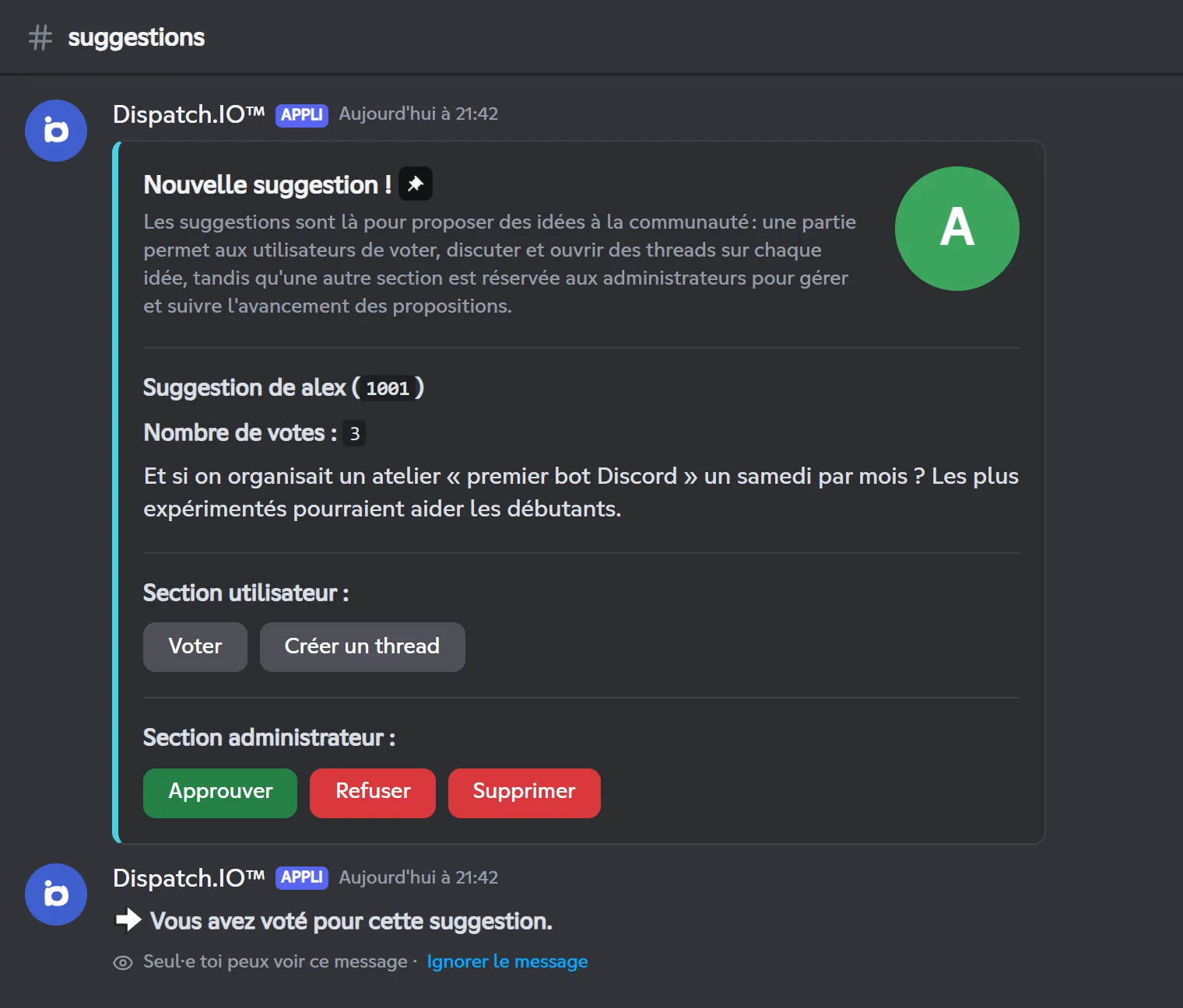 Carte de suggestion avec ses boutons, et la confirmation de vote