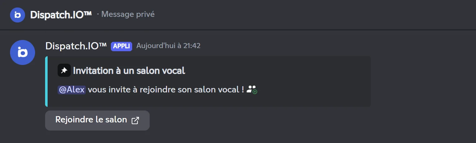 Message privé d'invitation à un salon vocal temporaire