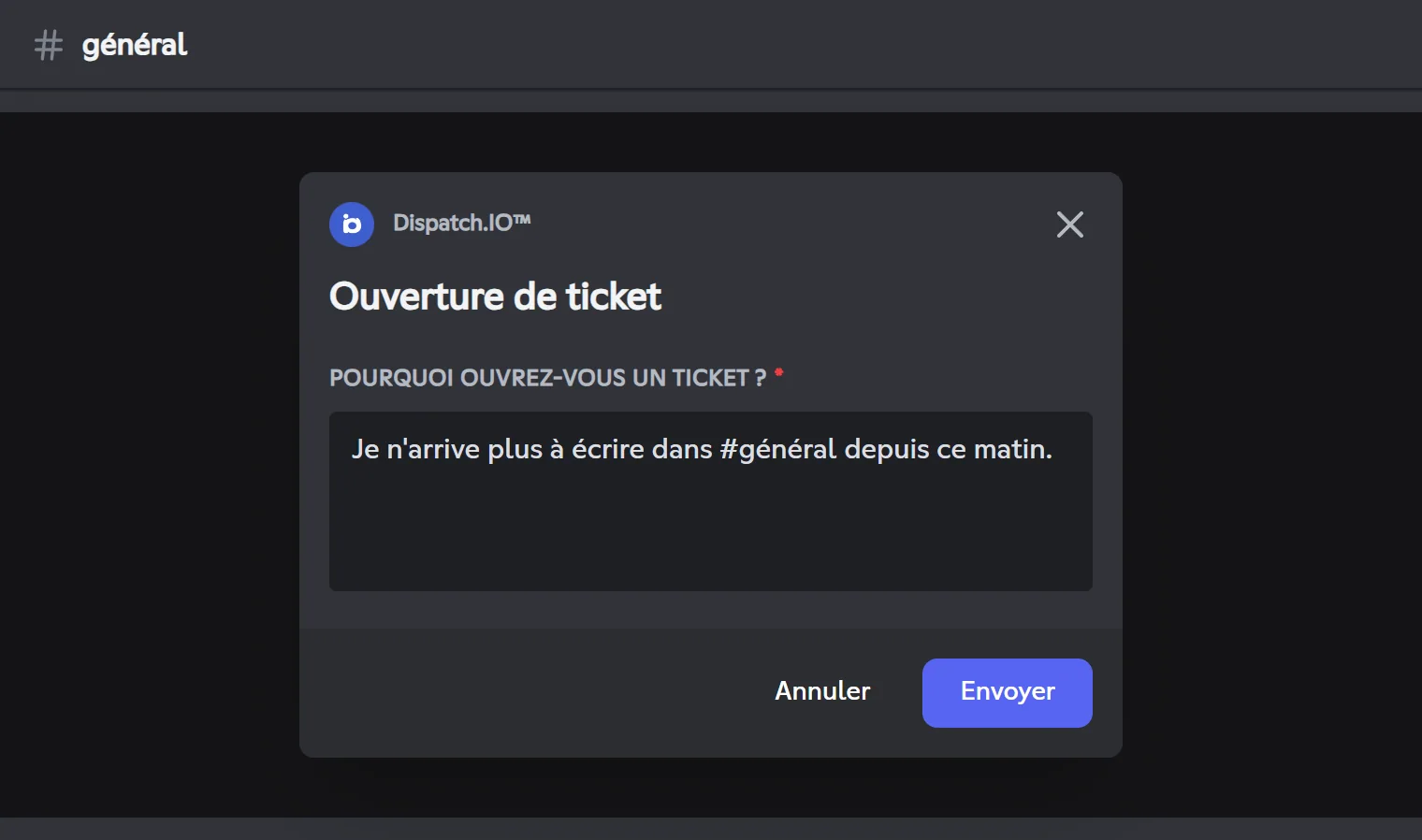 Fenêtre Ouverture de ticket avec le champ Pourquoi ouvrez-vous un ticket ?