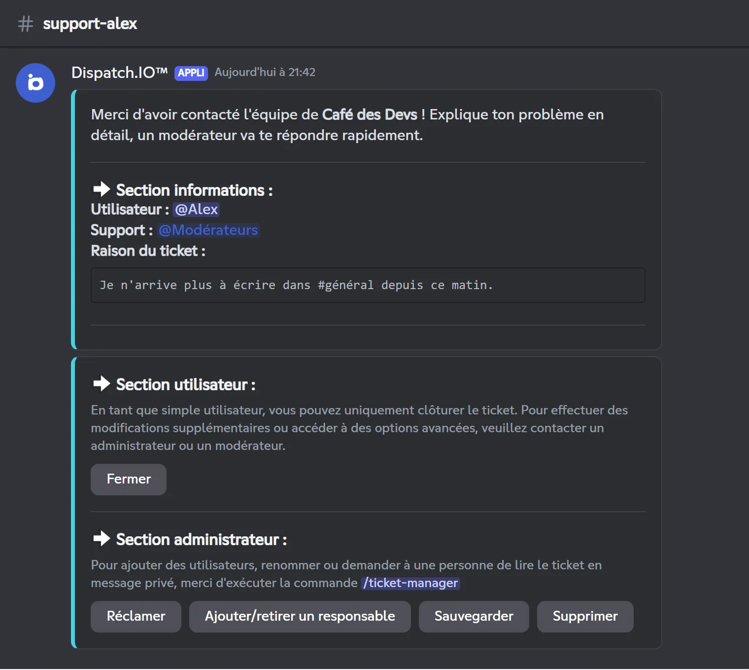 Message d'ouverture du ticket support-alex avec ses sections informations, utilisateur et administrateur