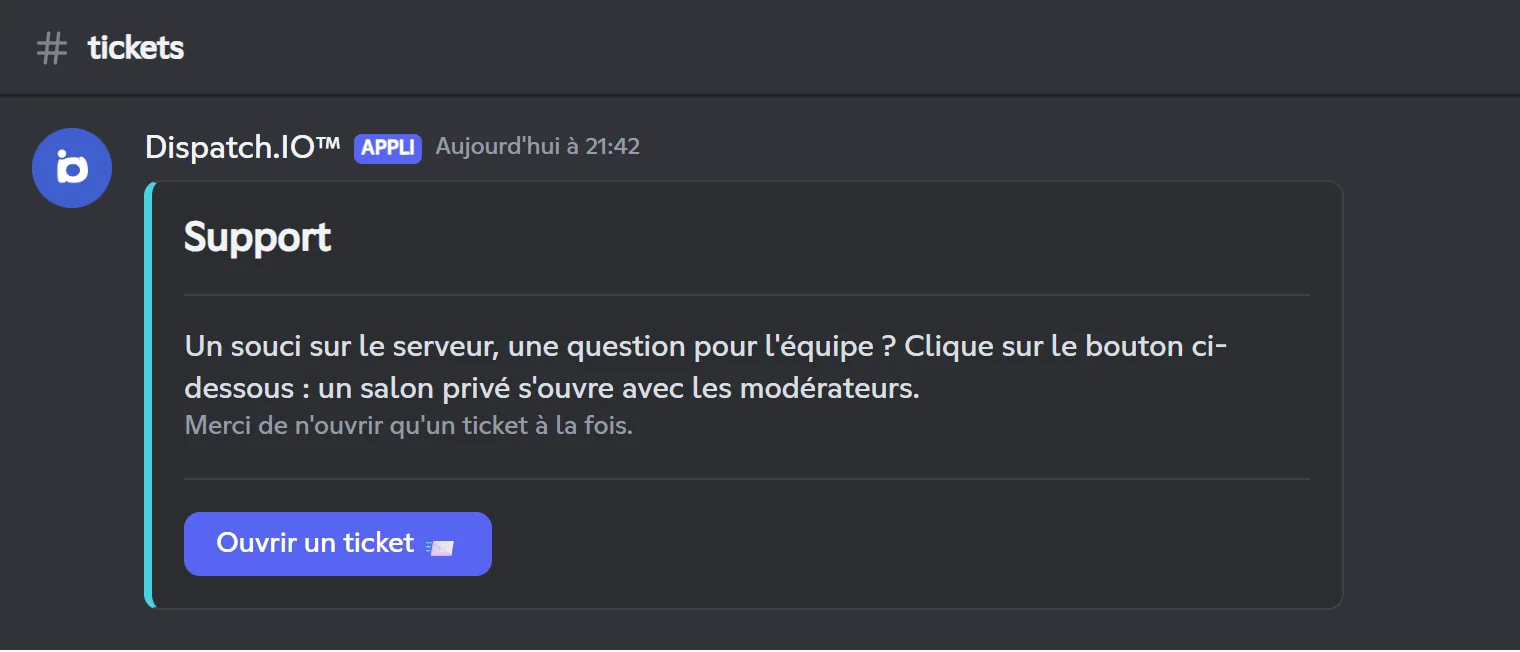 Panneau de tickets à bouton « Support » avec le bouton Ouvrir un ticket