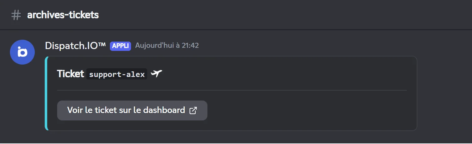 Avis de sauvegarde du ticket support-alex avec le bouton Voir le ticket sur le dashboard