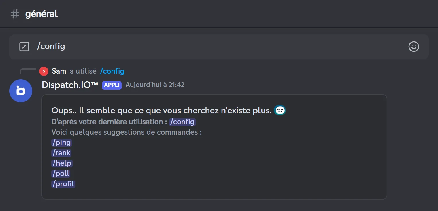 Un panneau /config resté ouvert plus de 5 minutes sans action est remplacé par ce message. Écran Oups.. Il semble que ce que vous cherchez n'existe plus, avec des suggestions de commandes