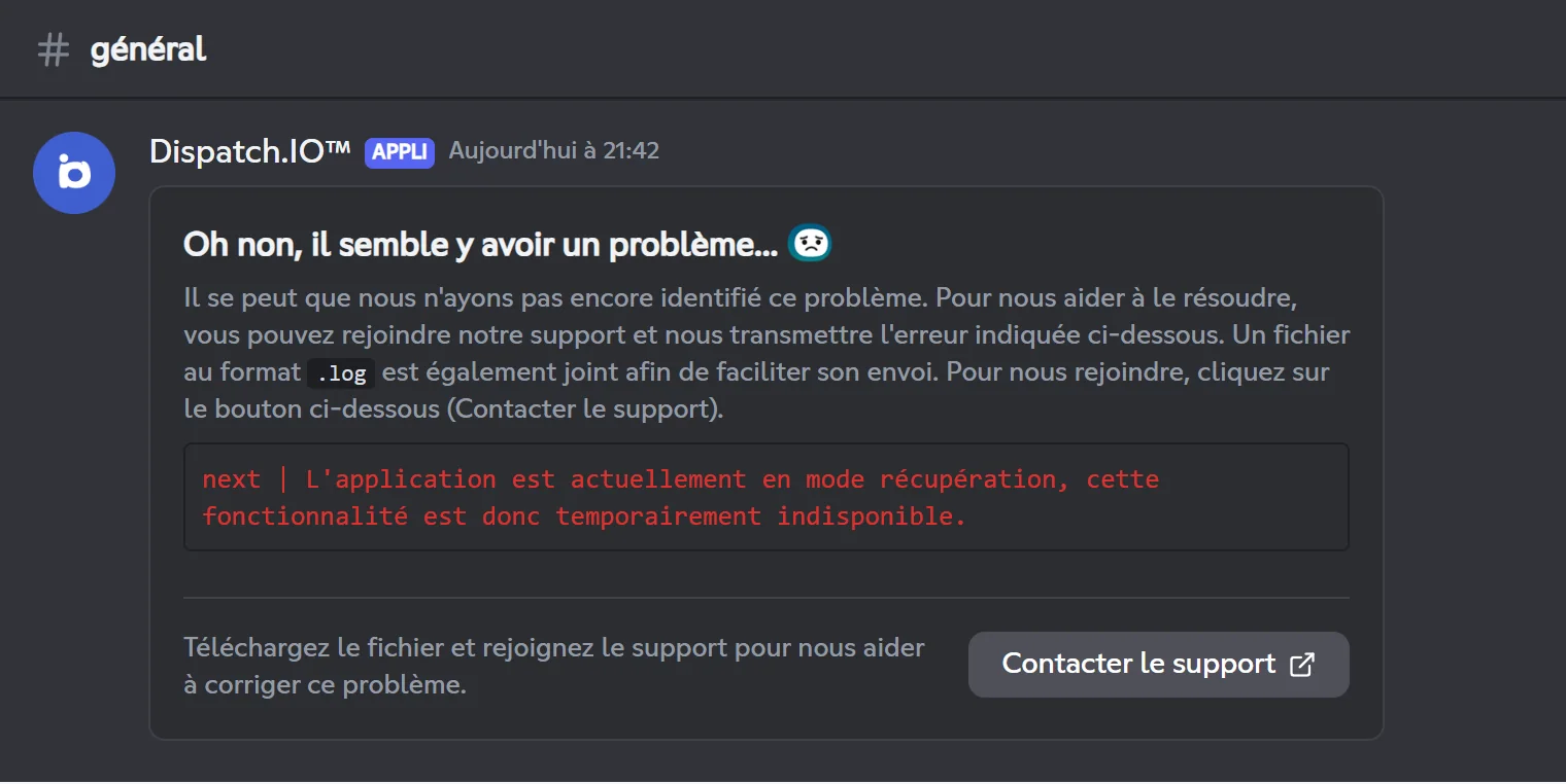 Le message d'erreur générique. Ici, /next pendant une maintenance : la musique est temporairement indisponible. Message d'erreur Oh non, il semble y avoir un problème, avec l'erreur en rouge et le bouton Contacter le support