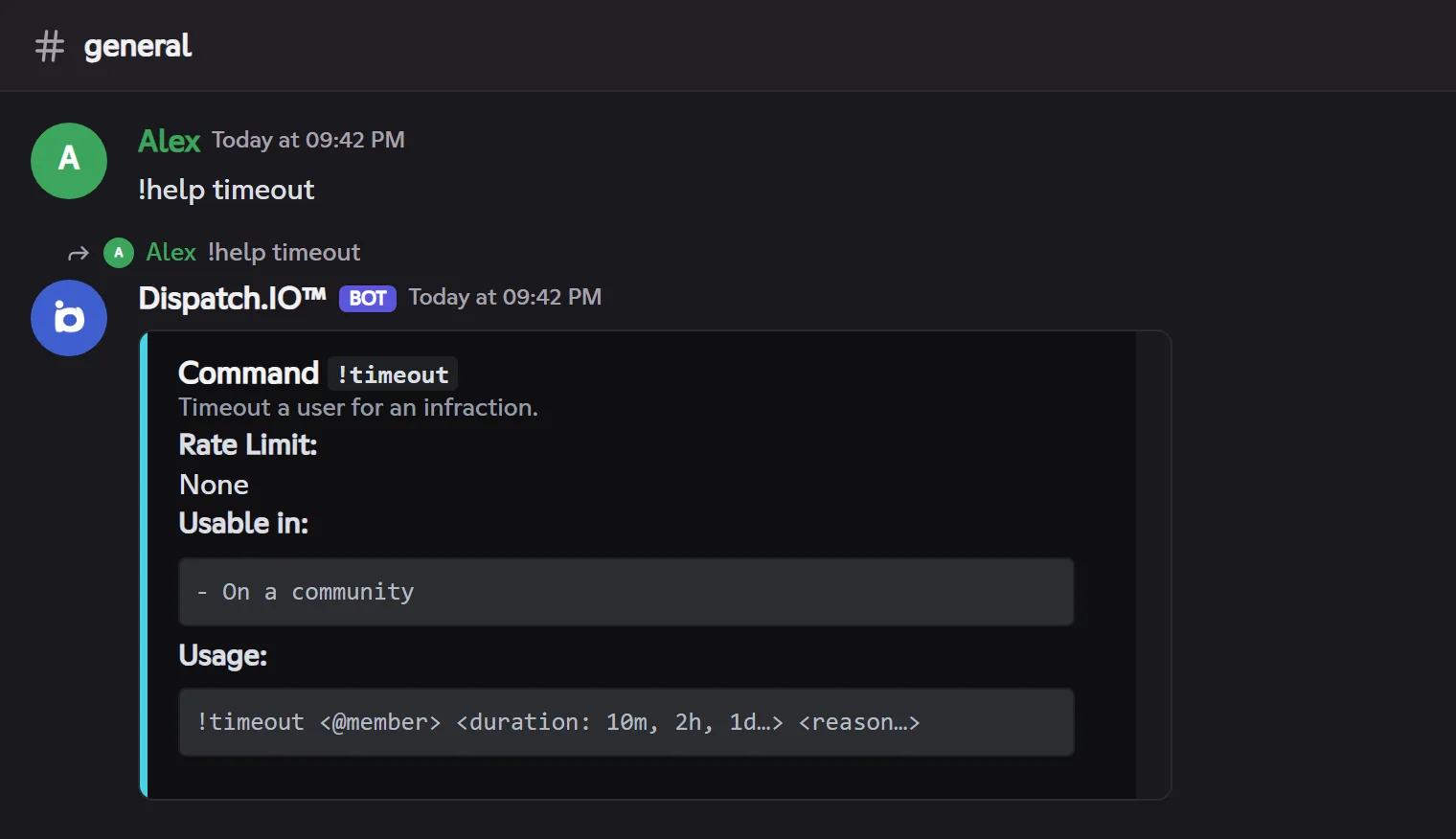 Reply to !help timeout: the command's card