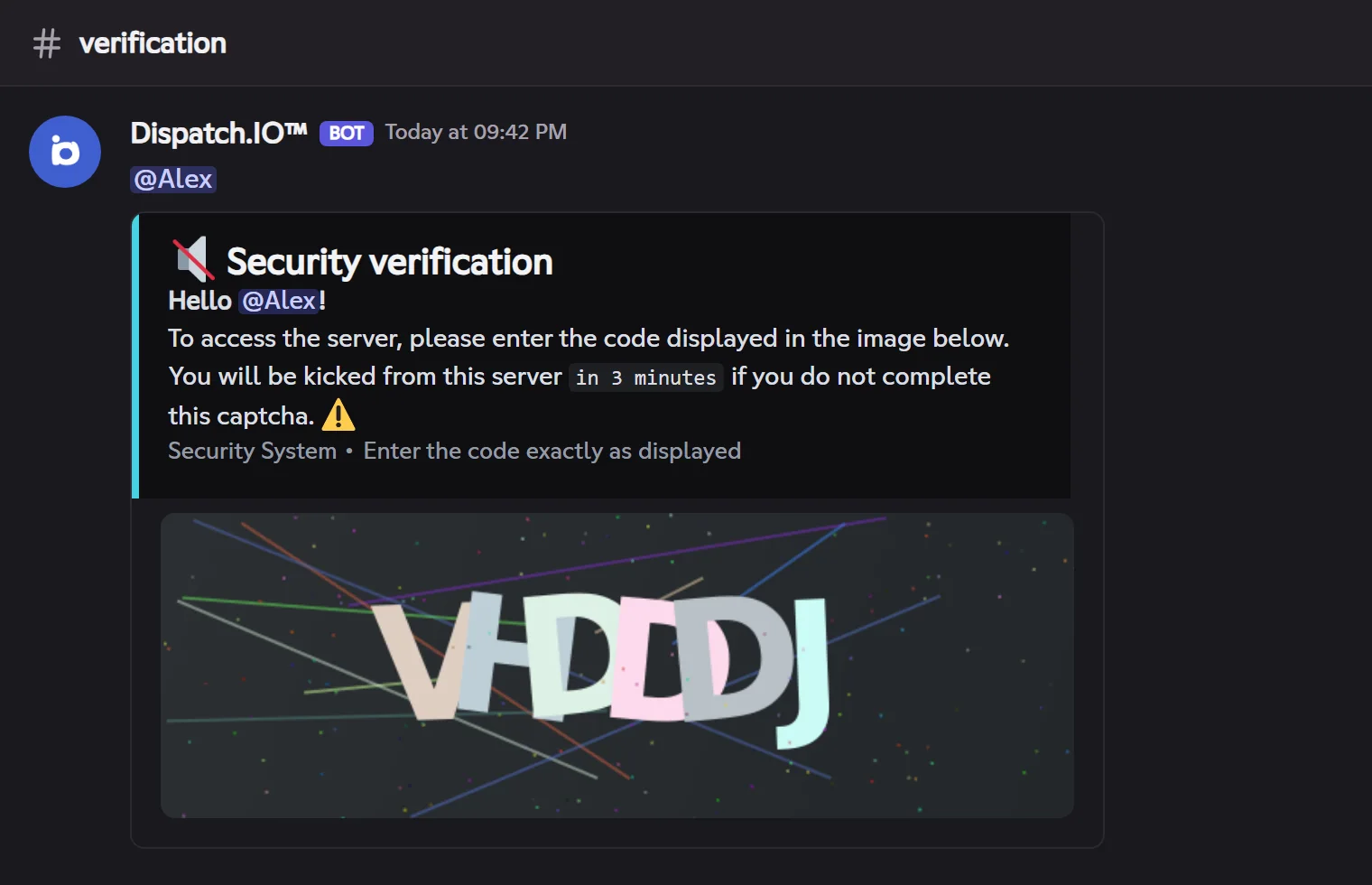 The message posted in the captcha channel when a member joins. Captcha message: image of the code to type, member mention and delay