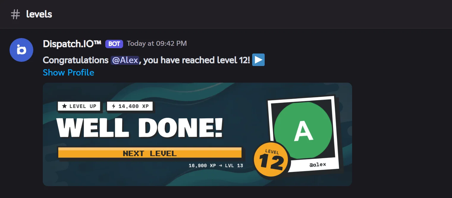 Alex's level 12 announcement with the level card