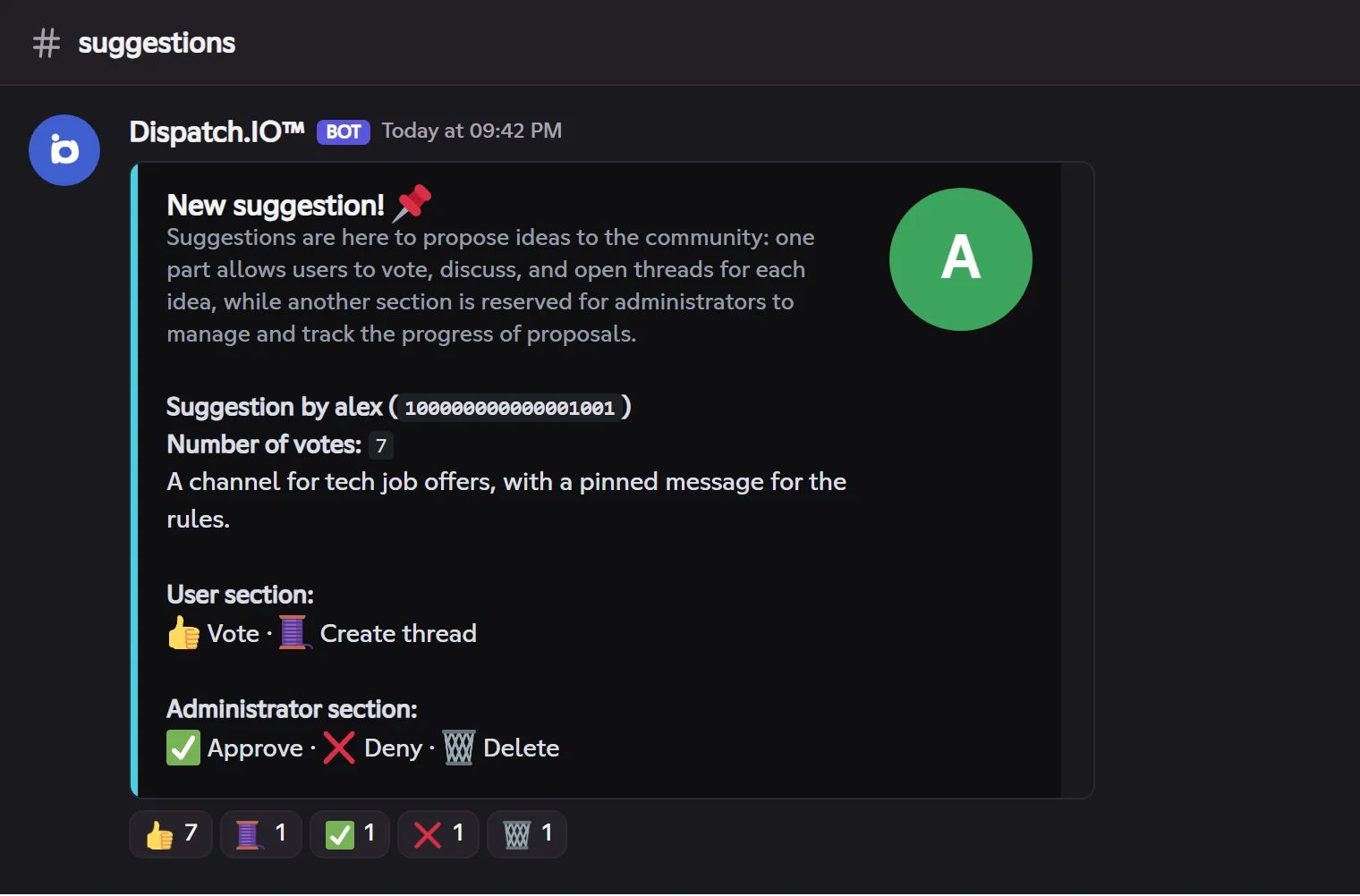 Suggestion card with its reactions