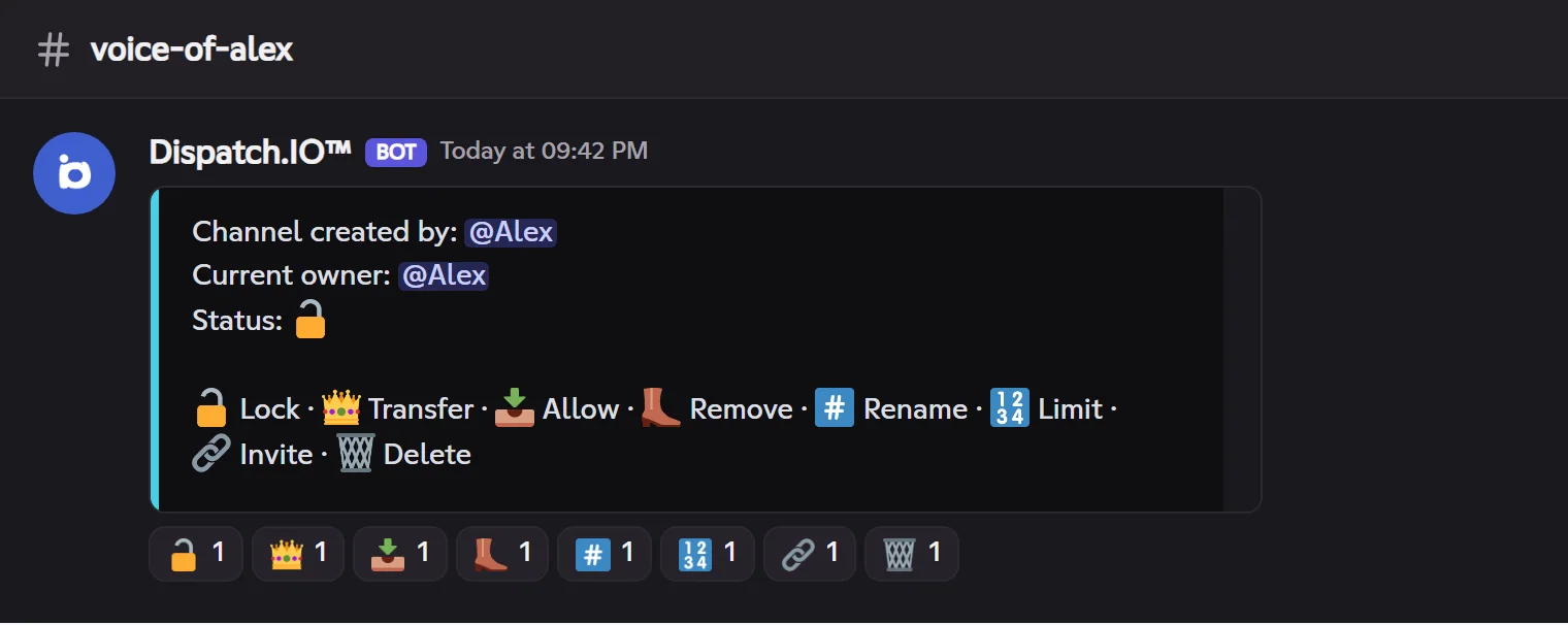 Control panel of a temporary voice channel with its eight reactions