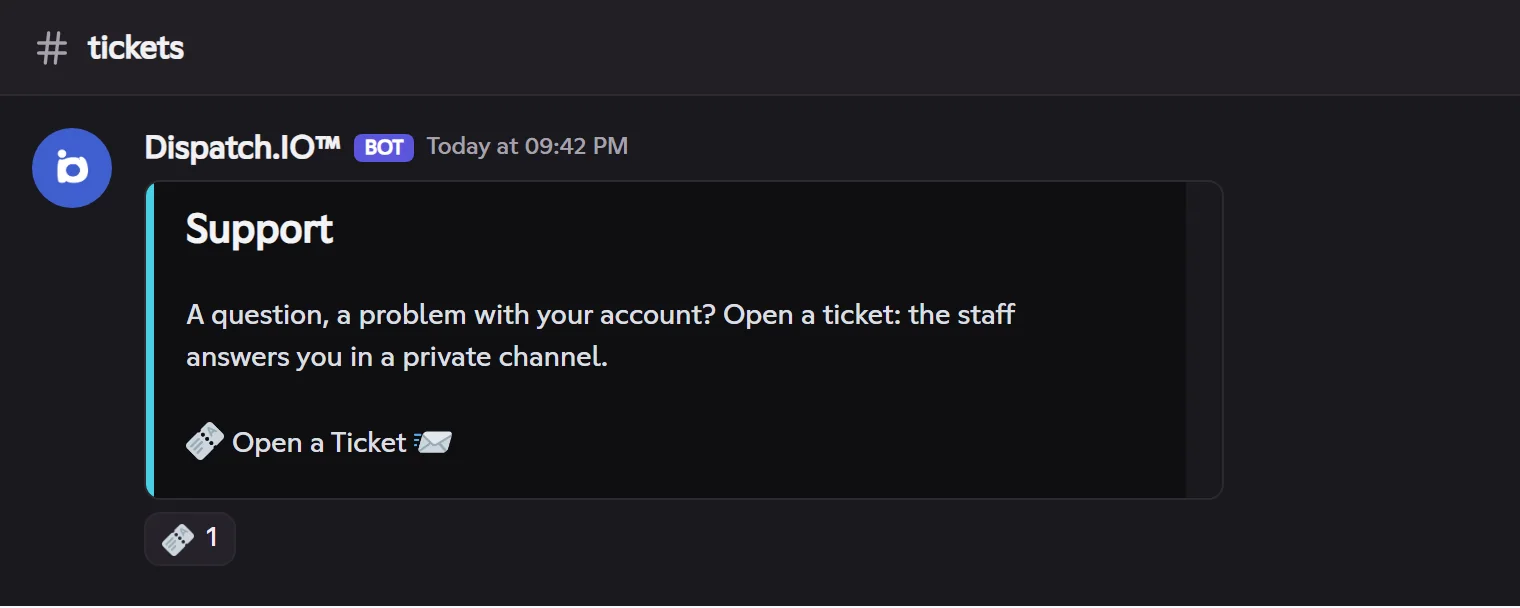 Button ticket panel "Support" with the 🎫 reaction