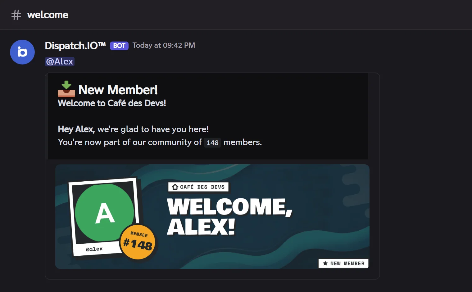 Default welcome message posted in #welcome, with Alex's welcome card