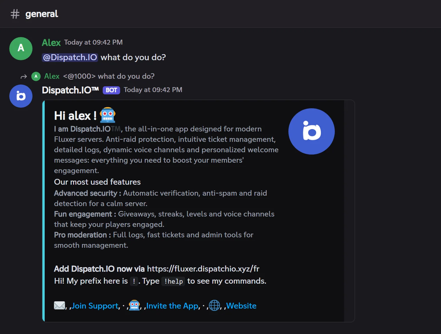 Alex mentions Dispatch.IO in #general and the bot replies with its introduction, with the Join the support, Invite the app and Website links