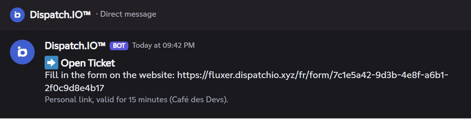 The form link, received by direct message. Direct message from the bot: "Answer the form on the website", with the personal link valid for 15 minutes