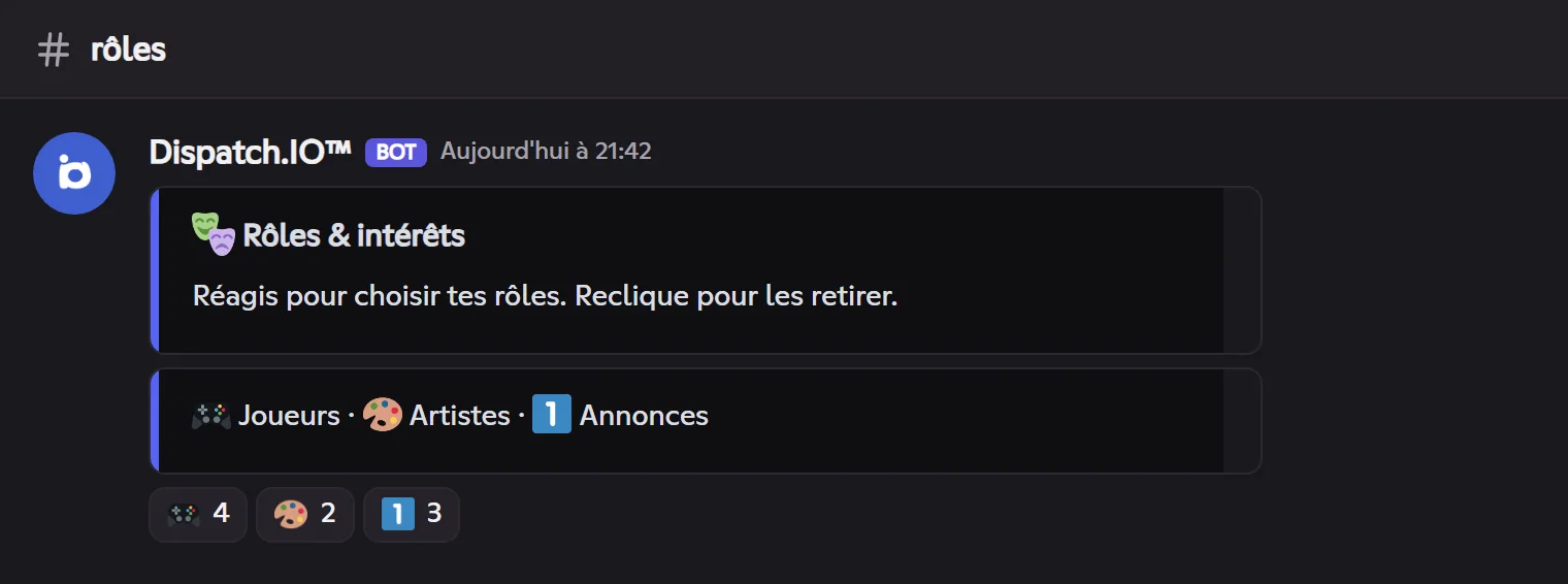 Panneau de rôles avec sa légende et ses réactions