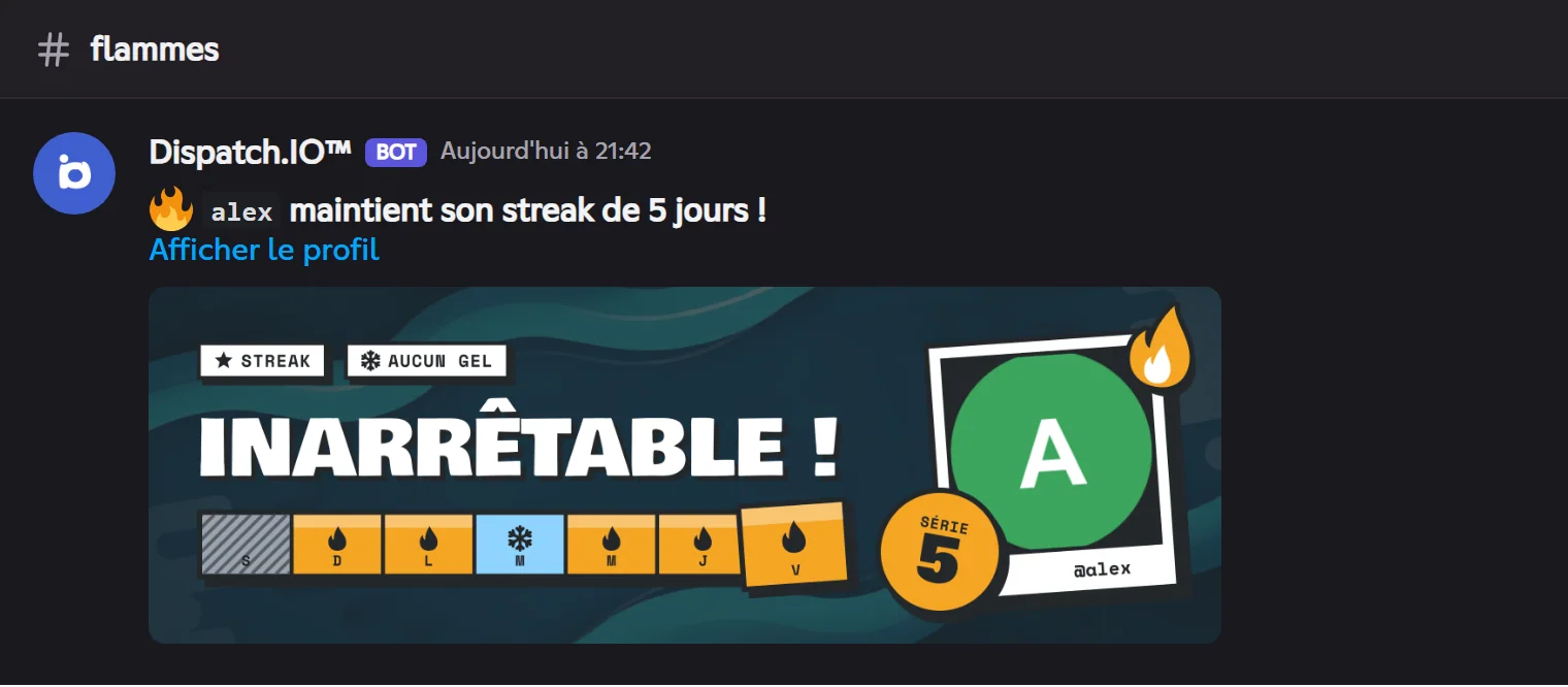 Annonce de flamme : « alex maintient sa flamme de 5 jours ! » avec la carte de flamme