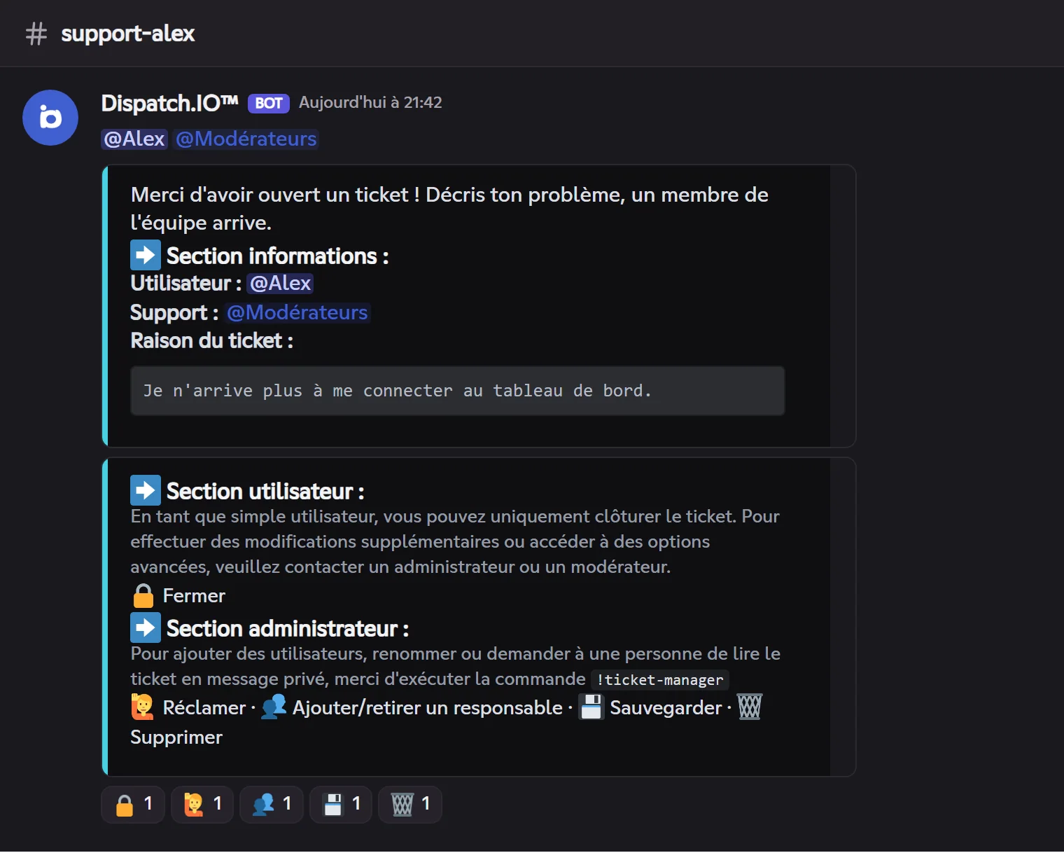 Message d'ouverture du ticket support-alex avec les réactions 🔒 🙋 👥 💾 🗑️