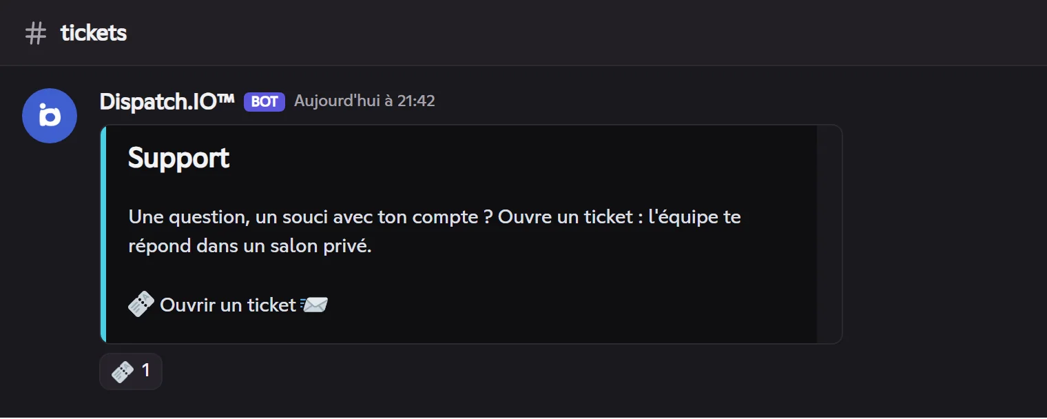 Panneau de tickets à bouton « Support » avec la réaction 🎫