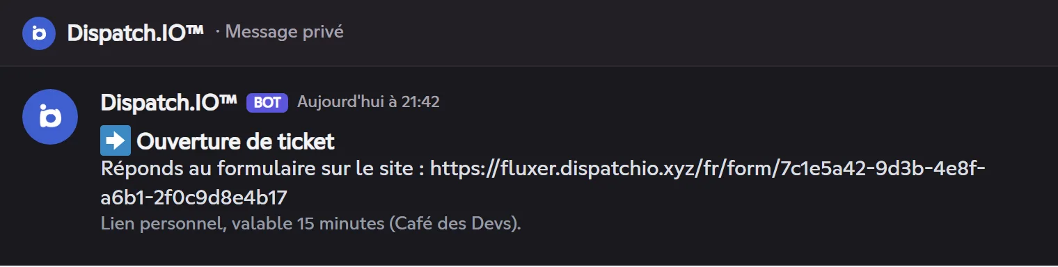 Le lien du formulaire, reçu en message privé. Message privé du bot : « Réponds au formulaire sur le site », avec le lien personnel valable 15 minutes