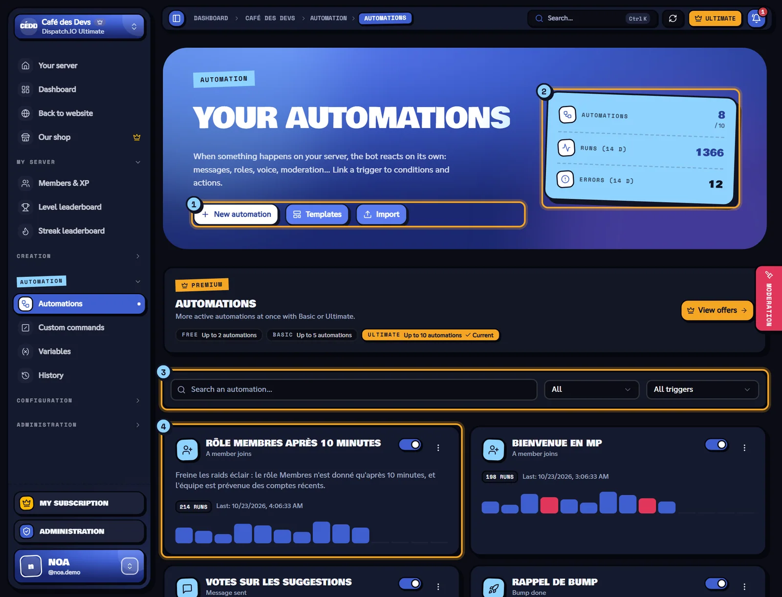The Automations page. List of the automations of the Café des Devs server