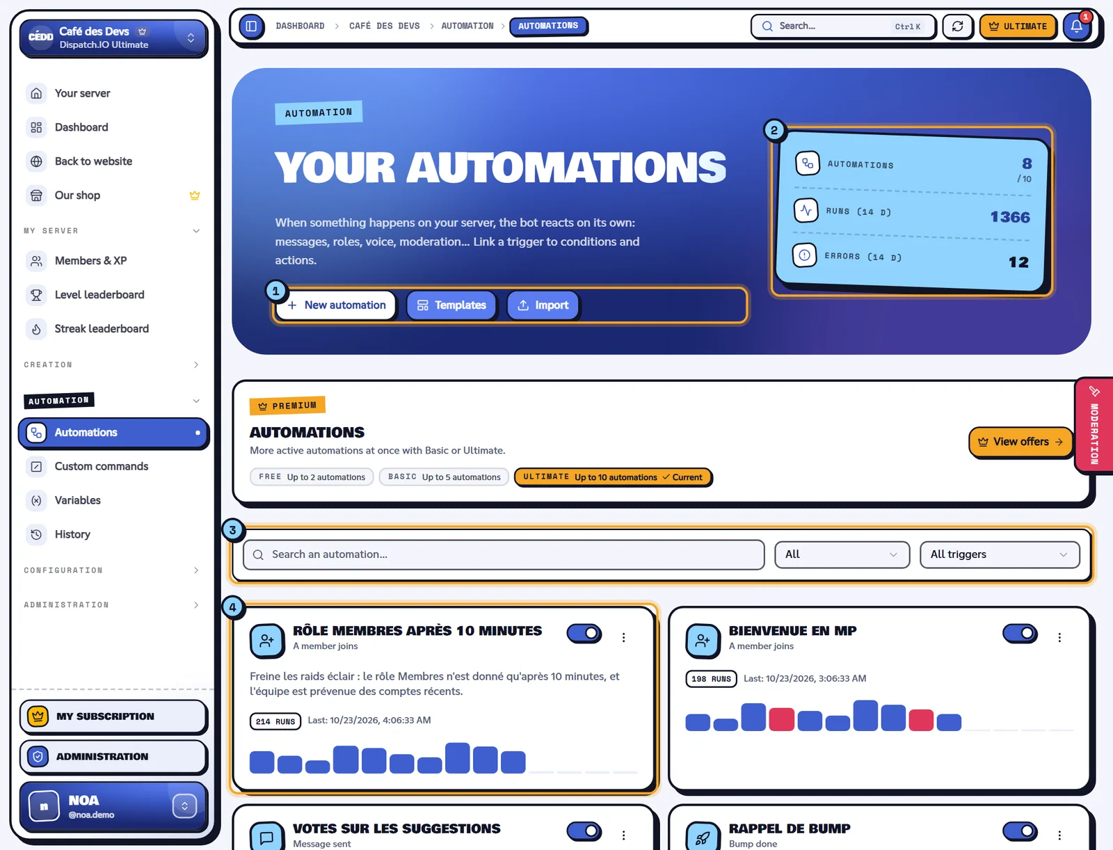 The Automations page. List of the automations of the Café des Devs server