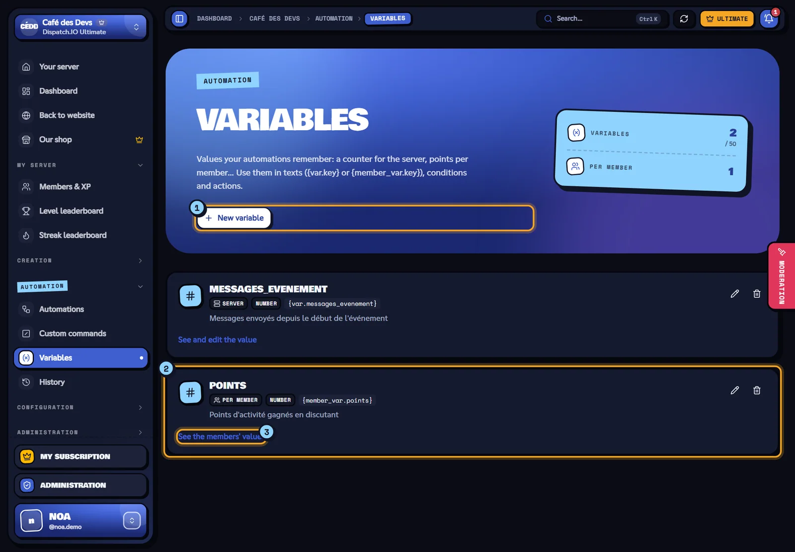 Variables page with a points-per-member variable