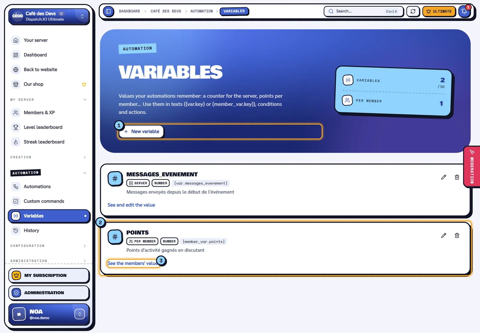 Variables page with a points-per-member variable