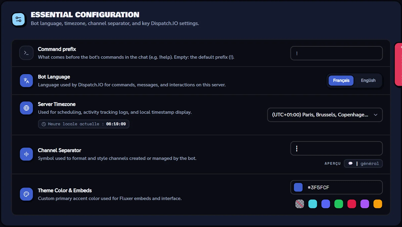 Basic configuration page of the dashboard